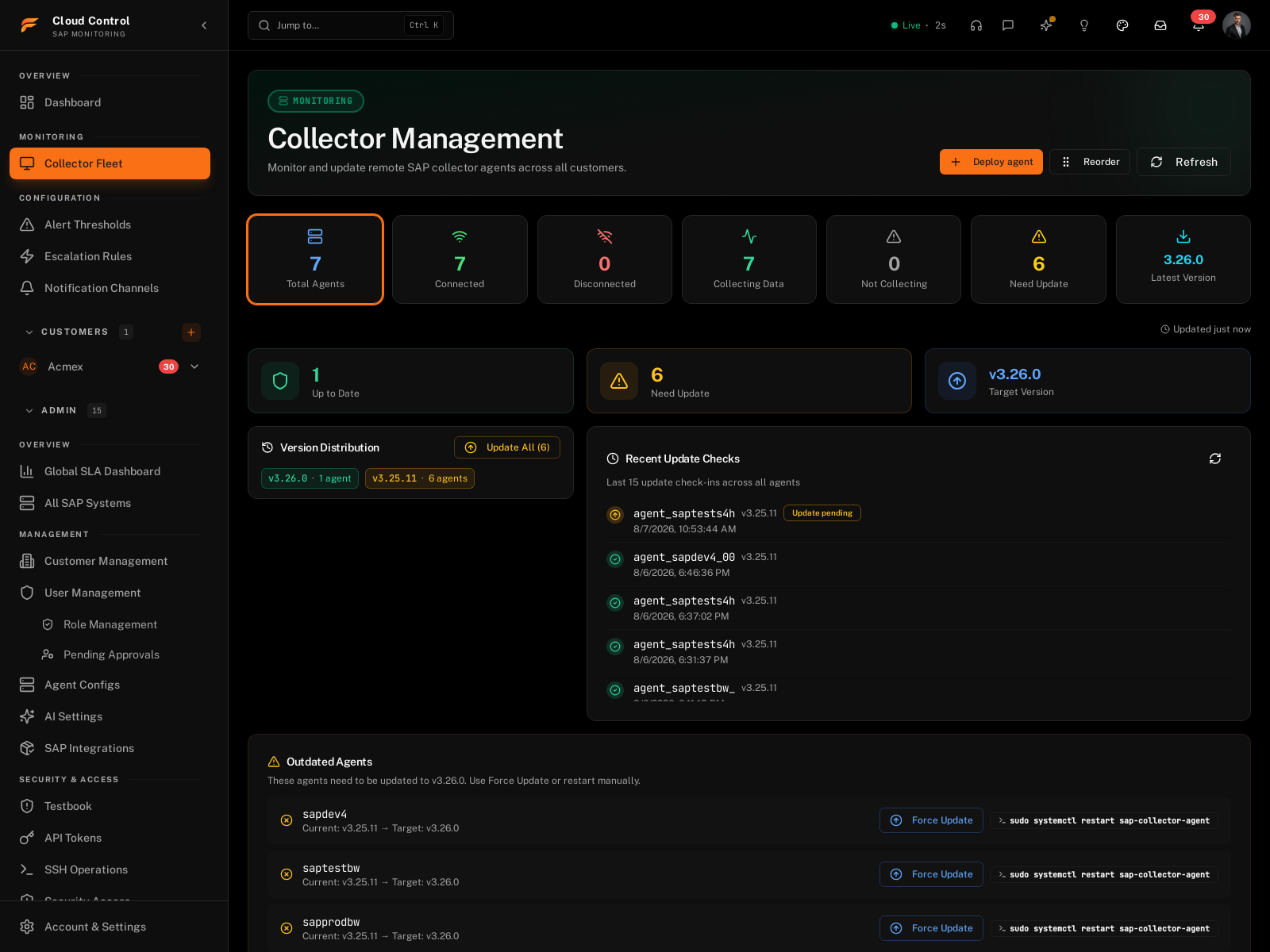 Farrenio Collector Management: live agent fleet, version distribution and update queue